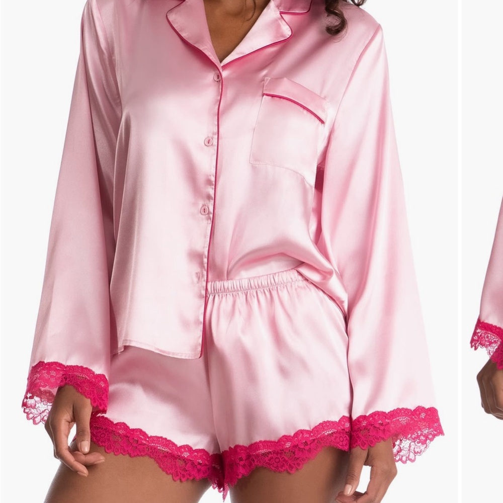 Elegant Pink Satin Pajama Set with Lace Accents